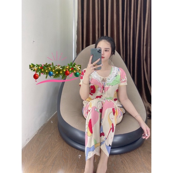 Đồ bộ tole tiểu thư tay ngắn quần dài phối ren tròn