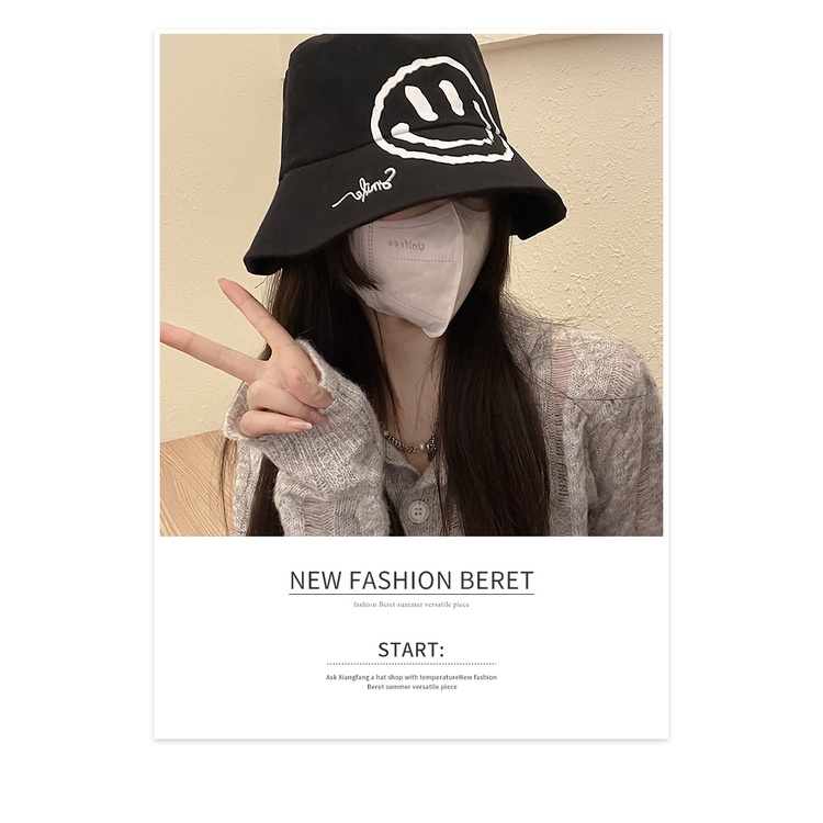 Nón Bucket Màu Đen In Họa Tiết Mặt Cười Phong Cách Nhật Bản Thời Trang Xuân Hè Độc Đáo Cho Nữ