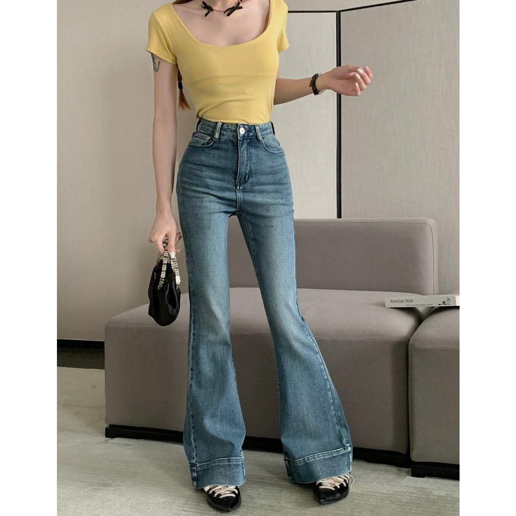 63104 Quần Denim Ống Loe Micro-Flared Co Giãn Cổ Điển