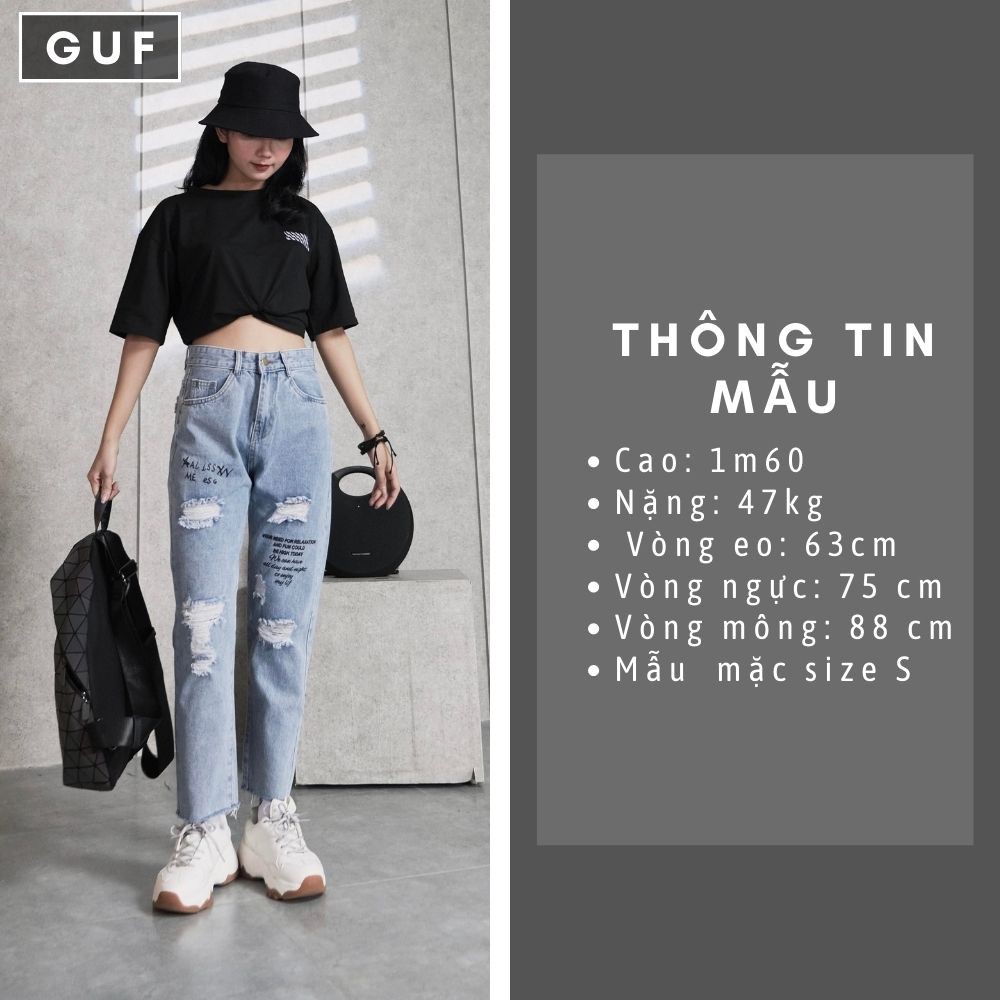 (Số lượng còn giới hạn) Quần Baggy Jean Nữ Cạp Cao Rách Gối GUF