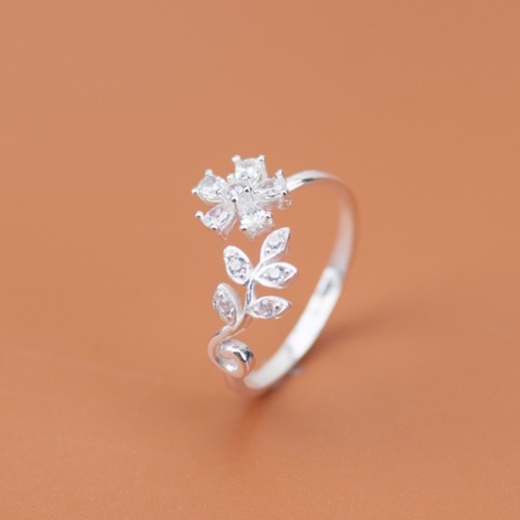 Nhẫn Nữ Bạc Ta CaoBac Silver Mặt Nhẫn Bạc Đính Đá Hình Hoa Năm Cánh Đính Đá Phối Lá Hở Cá Tính Quà Tặng Bạn Gái