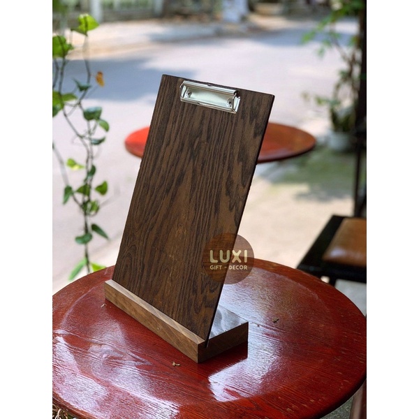 HCM | Bìa menu có đế kẹp dẹp inox, menu gỗ FREE khắc logo LUXI DECOR HCM