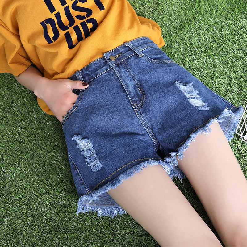 Quần jean♨denim kiểu mới quần short nữ học sinh mùa hè phiên bản Hàn Quốc cạp cao, xẻ tà, ống rộng, trễ, tất hot