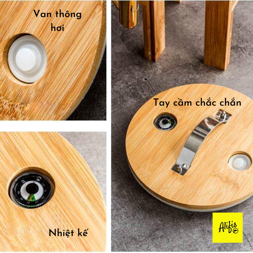 Bộ bình thủy tinh chịu nhiệt có vòi inox kèm kệ gỗ