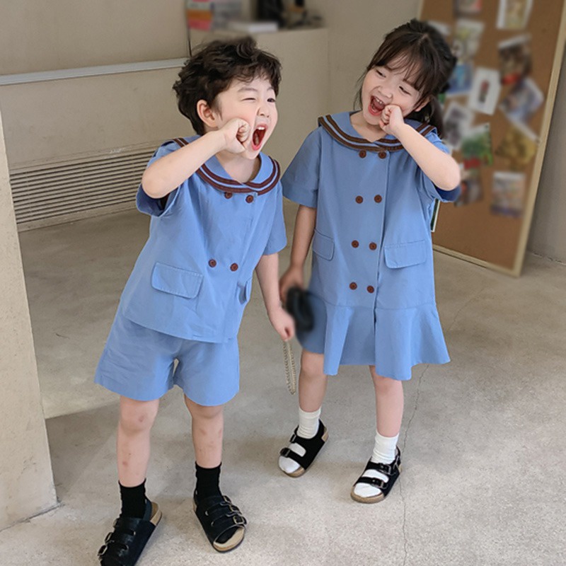Đầm Tay Ngắn Cổ Bẻ Cài Hai Hàng Nút Phong Cách Hàn Quốc Thời Trang Cho Bé