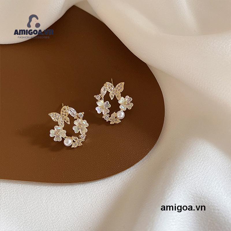 ✨✨Bông tai mạ bạc 925 hình hoa và bướm đính ngọc trai thời trang