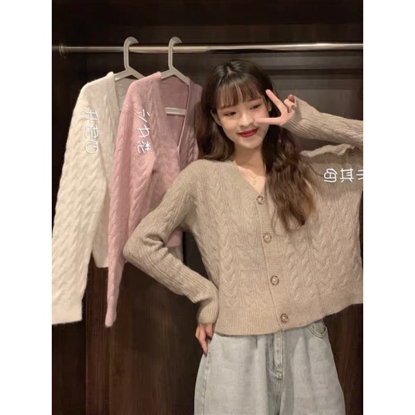 Áo cardigan len crotop Basic phối cúc áo khoác len mịn lông thỏ 3 màu phong cách hàn quốc