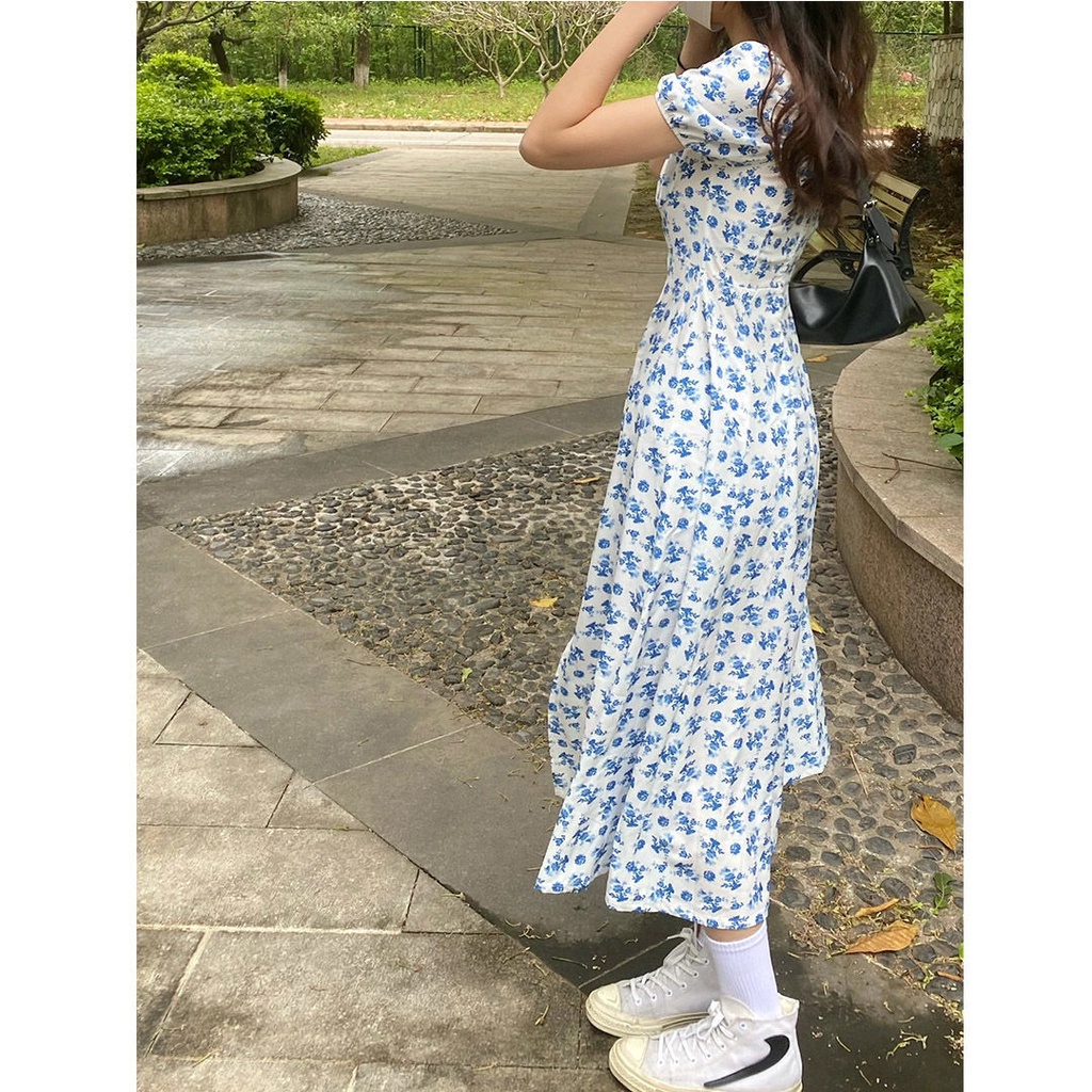 Đầm Dáng Chữ A Cổ Vuông Chiết Eo In Họa Tiết Hoa Phong Cách Hàn Quốc Thời Trang Mùa Hè Xinh Xắn Cho Nữ