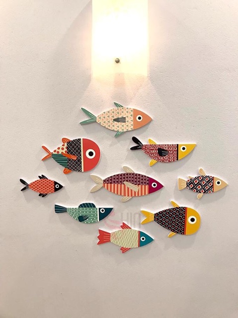 Bộ tranh Cá decor dán tường trang trí phòng khách, phòng ngủ, tranh cá treo tường gắn sẵn băng dính nano 3M