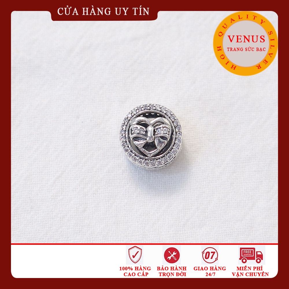 [Charm bạc 925 cao cấp] Charm bạc hình trụ mặt trái tim thắt nơ- Mã sản phẩm VENUSTN