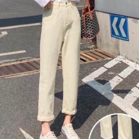 Quần jean form Unisex nam nữ màu kem phong cách cá tính thời trang Hàn Quốc | BigBuy360 - bigbuy360.vn