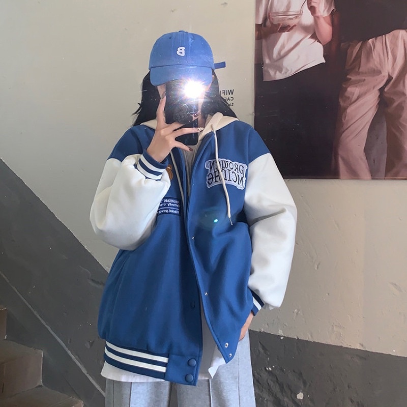 Áo khoác nỉ bomber giả hoodie hai lớp form rộng dày dặn hình gấu thêu unisex nam nữ