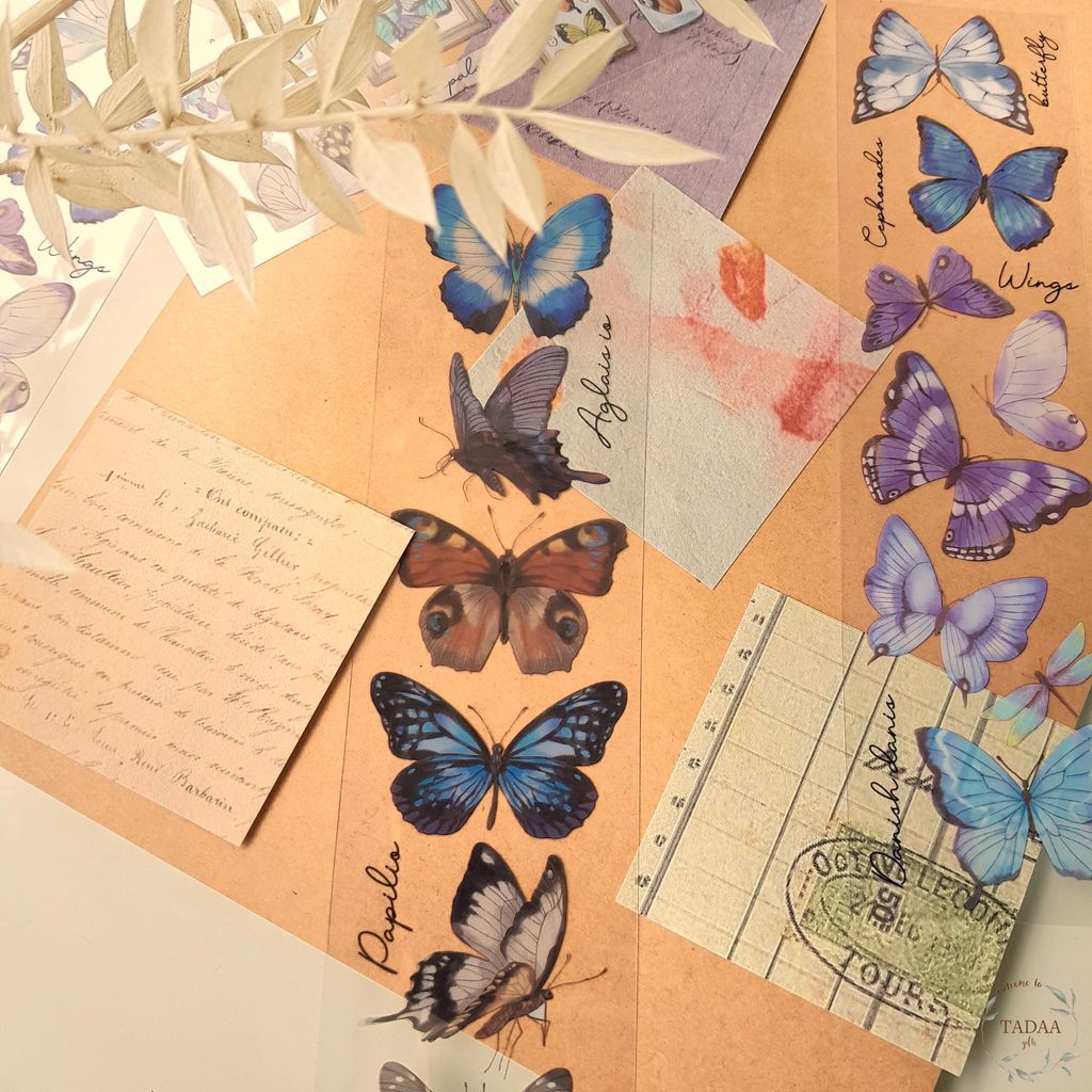 Set 6 sticker aesthetics vintage, nhãn dán hoa lá, hình bướm, butterfly flower retro trong suốt không thấm nước dán sổ