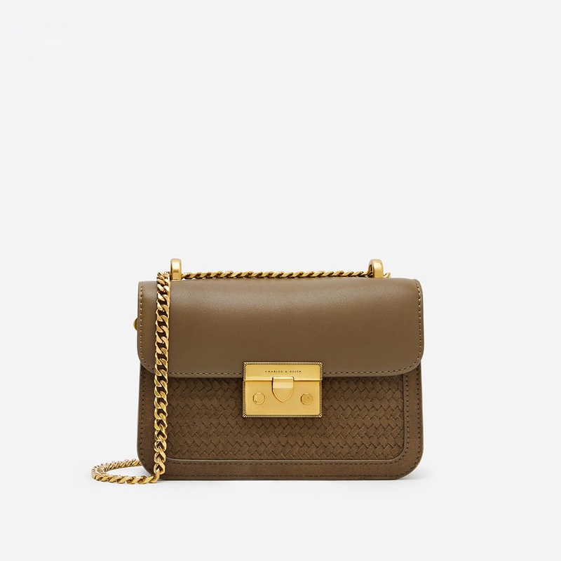 Charles and KEITH CK2-80700798 Túi Xách Dáng Vuông Nhỏ Kẻ Sọc Ca Rô Phối Dây Xích Cá Tính Cho Nữ