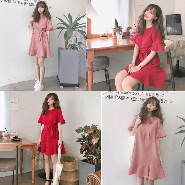 Váy đầm nữ babydoll đuôi cá thắt nơ eo (mặc được 2 kiểu)
