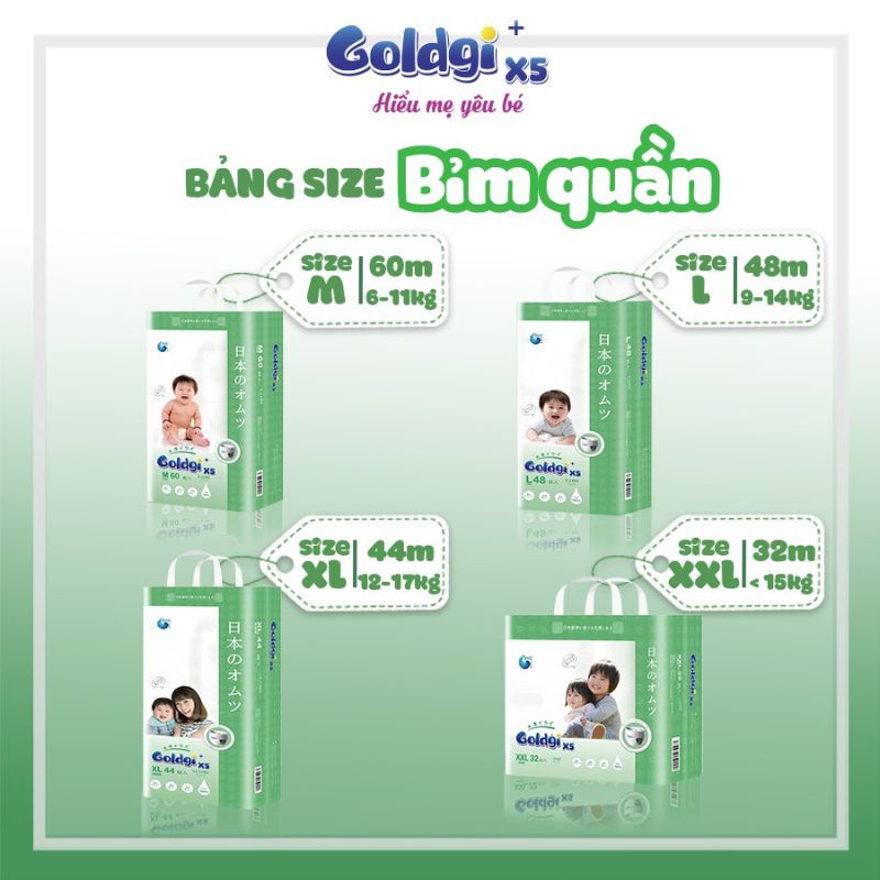 Bỉm Goldgi x5 dán/quần đủ size Nb92/S84/M66/M60/L56/L48/XL46/XL44/XXL32