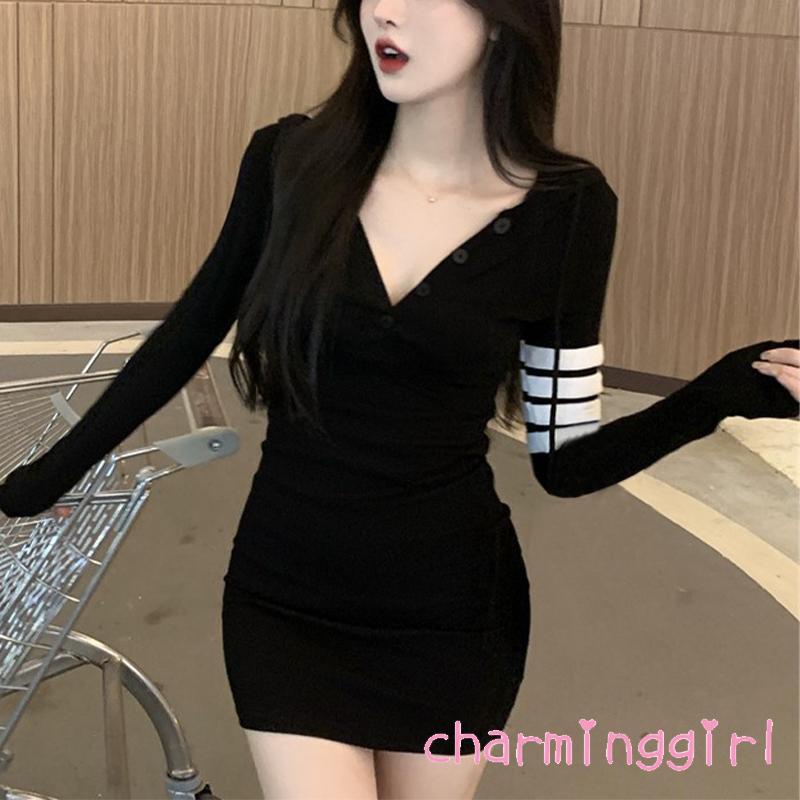 Đầm ôm body tay dài họa tiết sọc ngang một mảnh thanh lịch