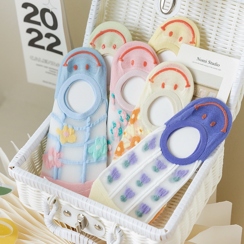 Vớ WAFNHA D225 phối vải lụa xuyên thấu thoáng khí họa tiết mặt cười thời trang đáng yêu