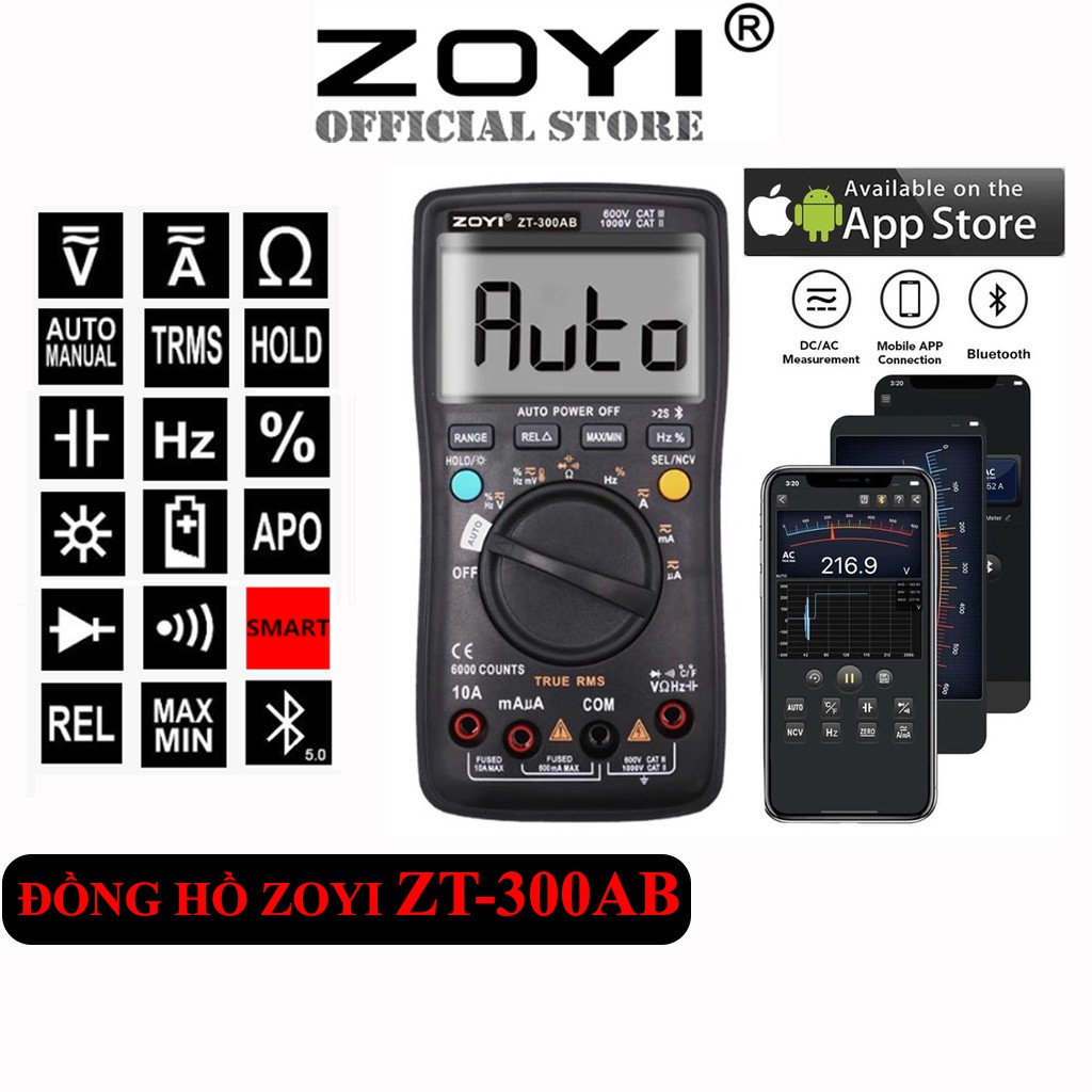 Đồng Hồ Đo Điện Vạn Năng Zoyi Zt-300AB Kết Nối Không Dây Bluetooth Đo Tự Động/ Cơ Hiển Thị Qua Điện Thoại