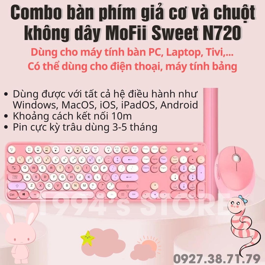 MoFii N720 - Combo bàn phím giả cơ và chuột MoFii Sweet 104 phím Wireless 2.4G siêu đẹp dùng cho PC, Laptop Tivi ....