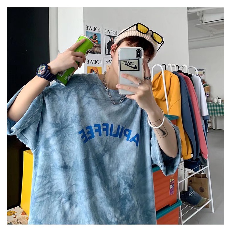 Áo thun tay ngắn cổ tròn nhuộm màu loang phong cách hong kong cá tính thời trang mùa hè cho nam Size M-7XL
