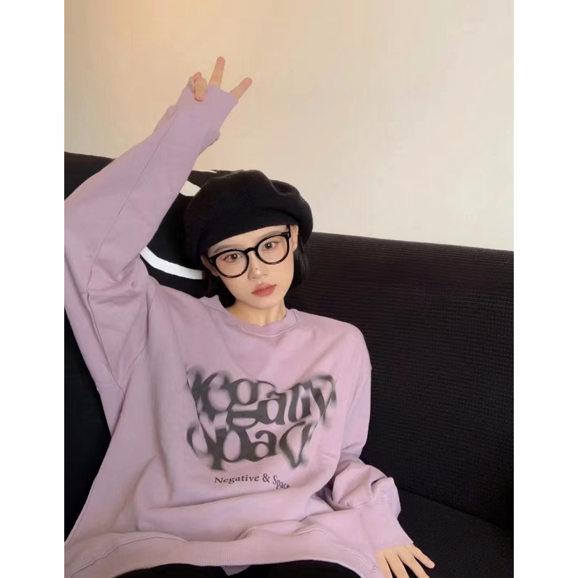 Áo sweater Cổ Tròn Dáng Rộng Màu Tím Phong Cách Mỹ Cổ Điển Thời Trang Cho Nữ