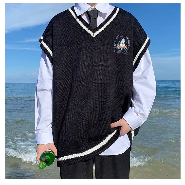 Áo khoác len không tay màu trắng phong cách học sinh thời trang mùa thu dành cho nam