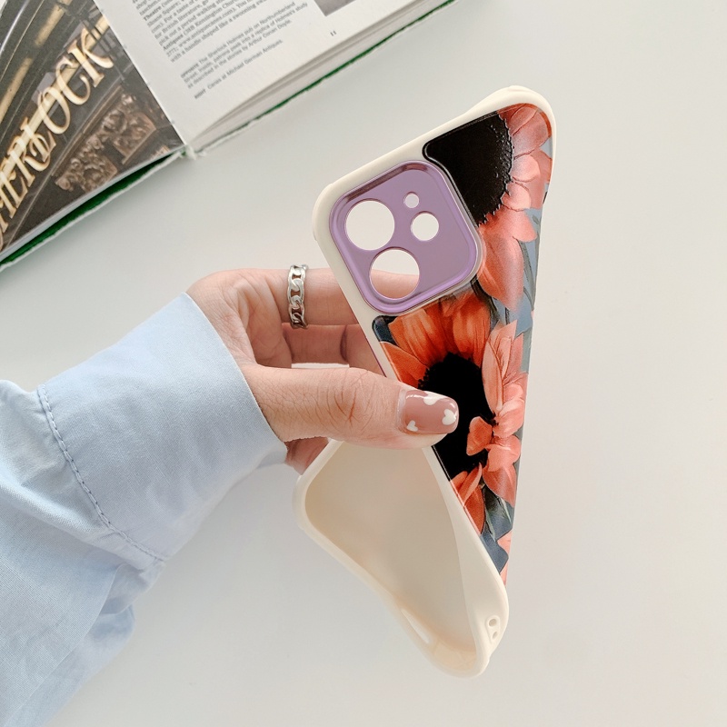 Hoa hướng dương Tranh màu Vỏ điện thoại iPhone 12 8 7 Plus 11 Pro XS Max X Xr Ống kính mạ điện có thể tháo rời chất lượng cao Vỏ mềm