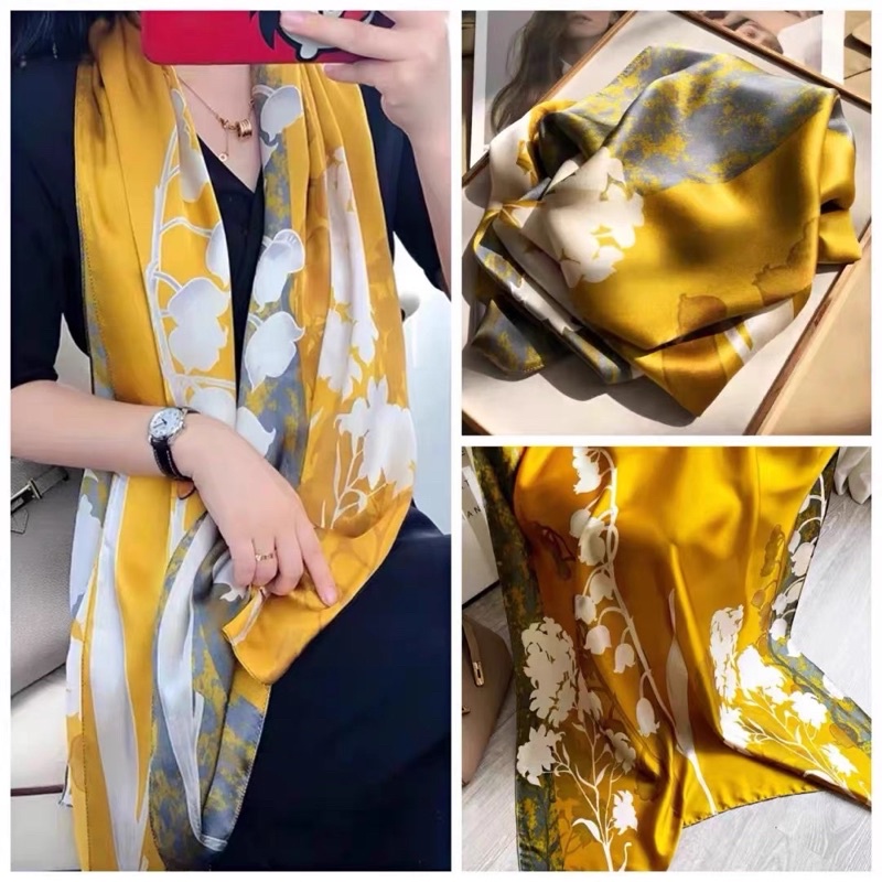 Khăn Choàng Lụa Cao Cấp Hoạ Tiết Hoa Vàng Sang Trọng Quý Phái