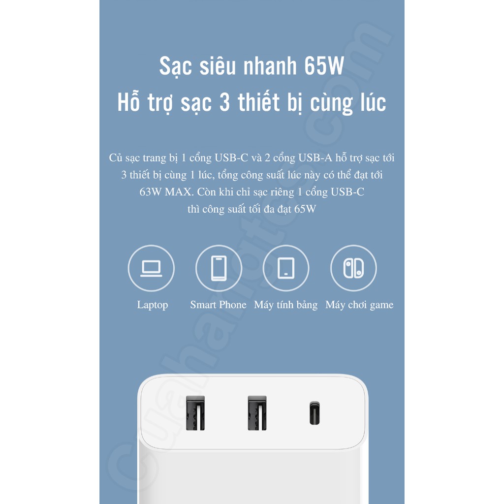 Củ sạc 65w 2A1C Xiaomi AD653 chuẩn PD 3 cổng - Cốc sạc nhanh Xiaomi AD653 3 cổng 65w