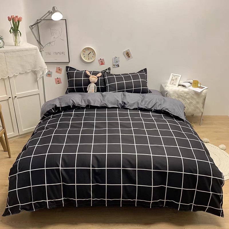 Bộ chăn ga gối Cotton Poly Nhập Khẩu chần bông dày mẫu Kẻ Đen Đơn Decor Home
