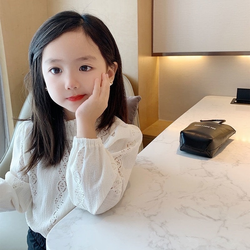 Áo thun cổ phối ren thời trang mùa thu hàn quốc dành cho bé gái