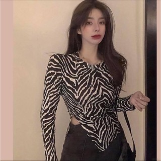 Áo kiểu ngắn nữ ôm body slim fit da beo tay dài vạt chéo xẻ tà - Order taobao quảng châu