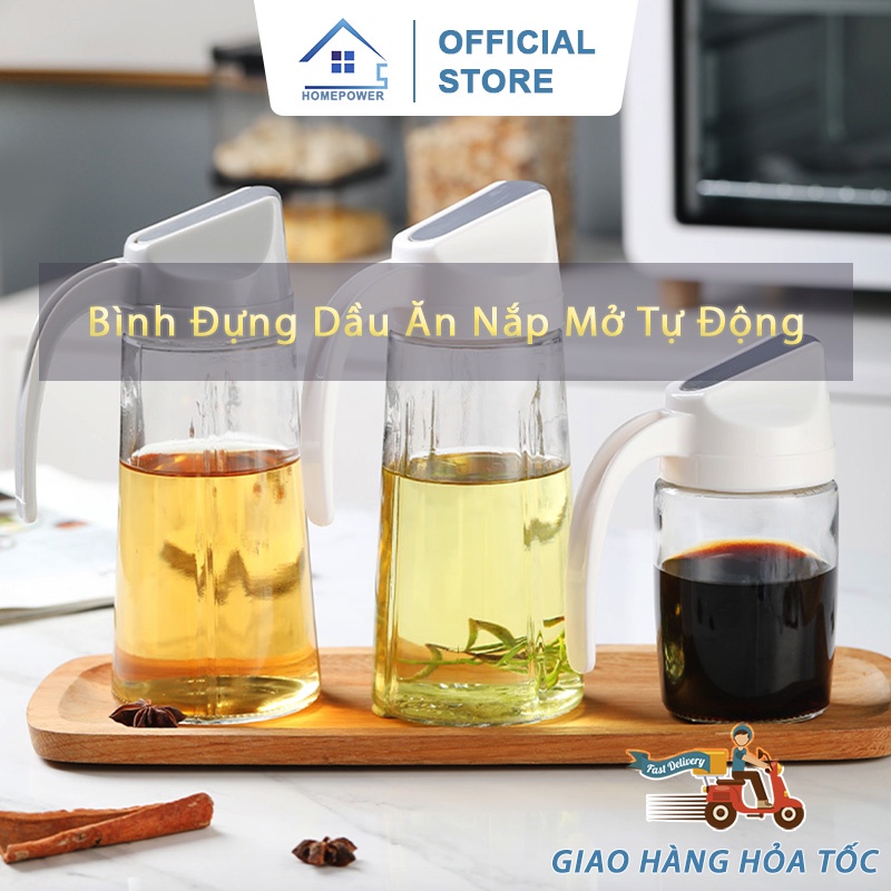 Bình đựng dầu ăn, lọ đựng gia vị Meizi tự động mở nắp khi rót 300ml, 600ml, 630ml - Vòi rót Inox 304, nắp màu trắng