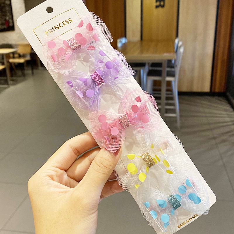 Set 5 Kẹp Tóc Nơ Ruy Băng Bằng Vải Chiffon Cho Bé Gái