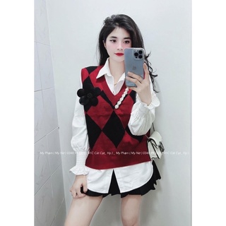 Set 3 món sơ mi trắng mix gile kèm chân váy
