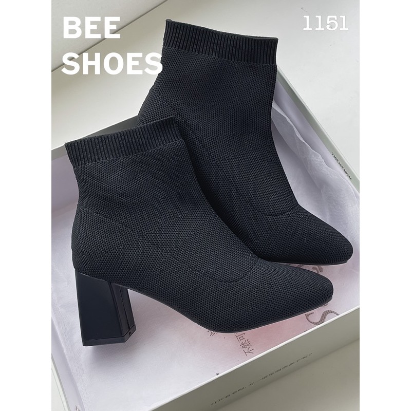 BEESHOES - GIÀY BOOT NỮ LEN MŨI TRÒN TRƠN CỔ THẤP - GIÀY BỐT NỮ MŨI TRÒN ĐẾ VUÔNG CAO 6 PHÂN SẴN MÀU ĐEN - KEM 201151