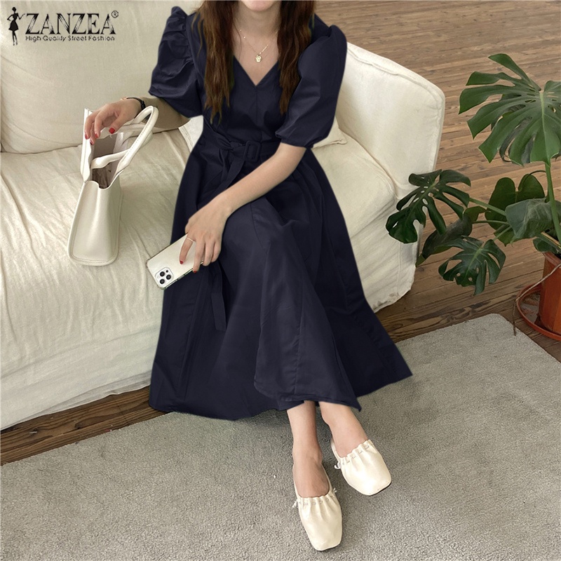 Đầm Zanzea tay phồng cổ chữ V phong cách Hàn Quốc thời trang cho nữ