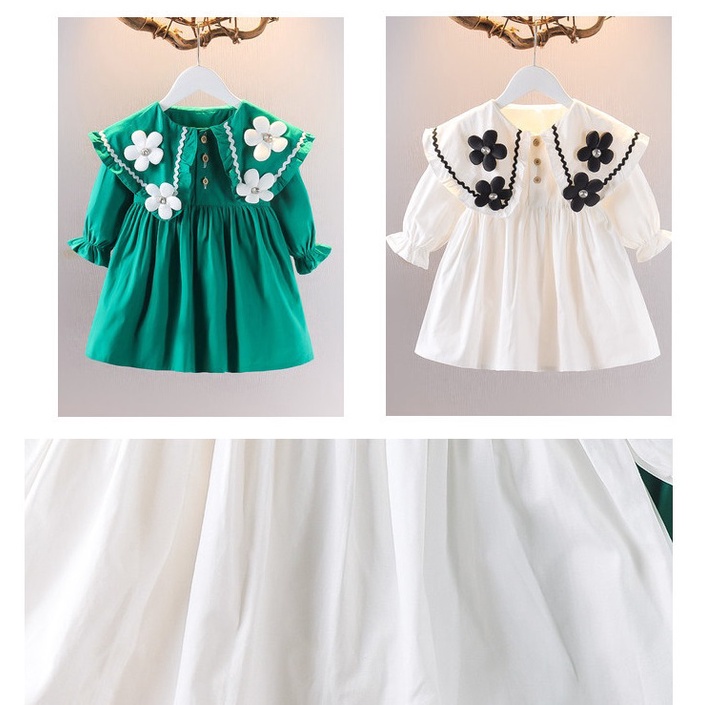 Váy đầm dài tay bé gái cổ bèo đính hoa dễ thương