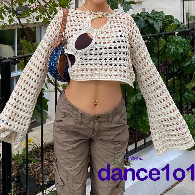 dance1o1-90S Vintage Women´s Hollow Out  Long Sleeve Knitted Tops