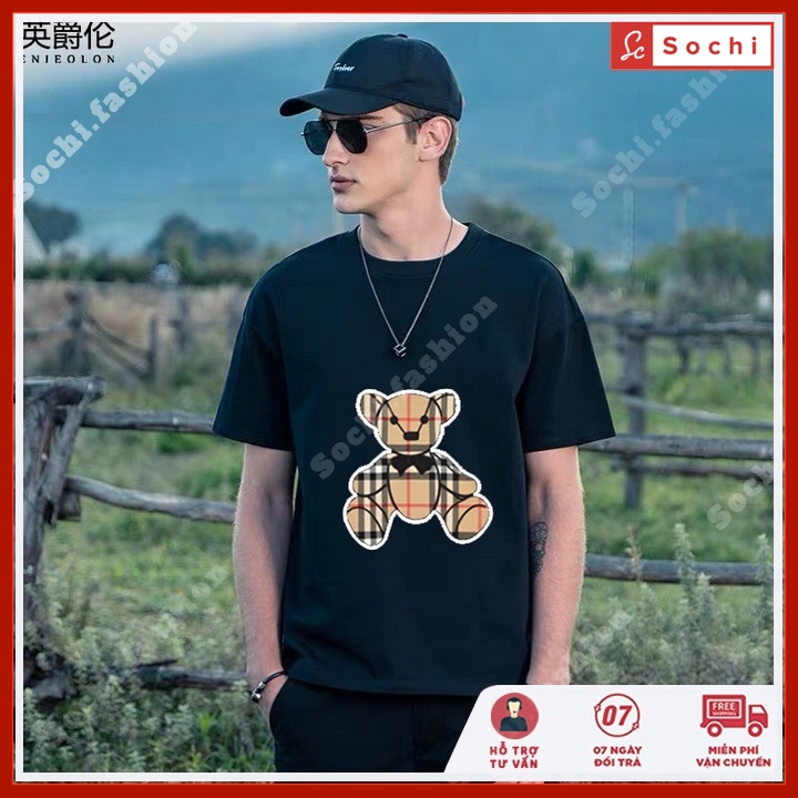 Áo thun tay ngắn nam, áo cộc tay nam cổ tròn in hình gấu kẻ mã CZ600