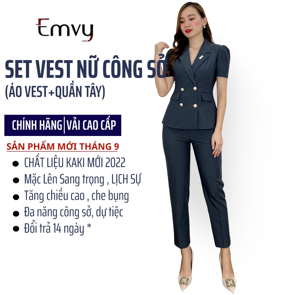 Bộ vest nữ công sở  áo vest + quần tây  chát liệu Kaki cao cấp Emvy thumbnail