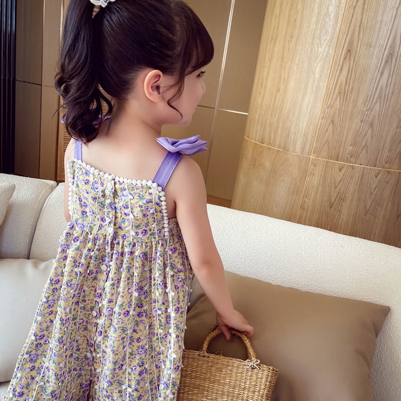 Đầm Hoa Hai Dây Đính Nơ Phong Cách Phương Tây Thời Trang Mùa Hè Hàng Mới Dành Cho Bé Gái