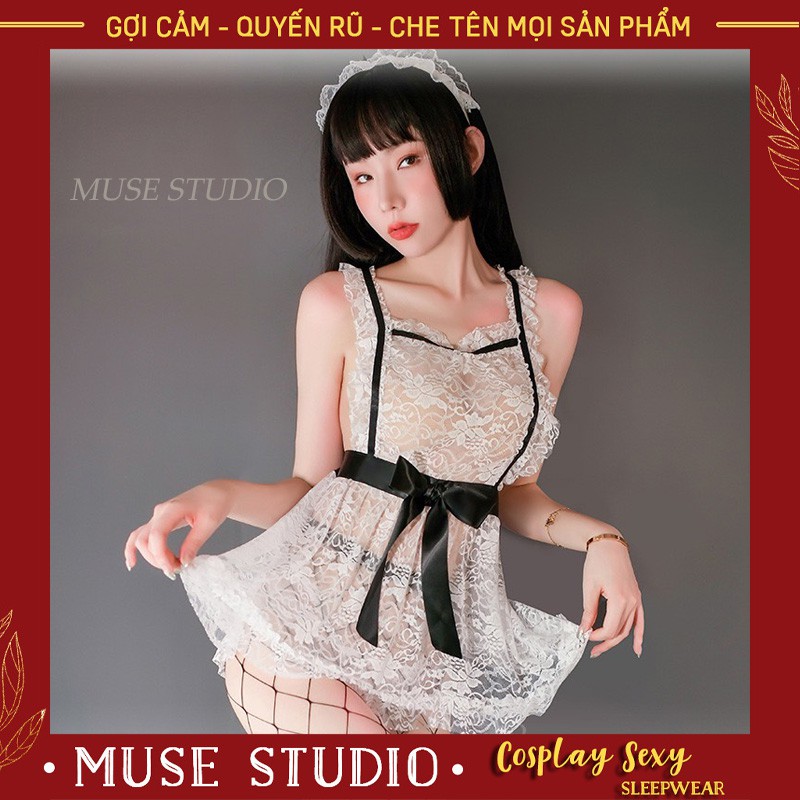 Bộ Ngủ Cosplay 𝑯𝑶𝑻 𝑻𝑹𝑬𝑵𝑫 Bộ Đồ Cosplay Cô Hầu Gái Anime Ren Gợi Cảm, Set 4 Món Siêu Hời