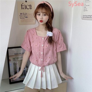 áo kiểu tay ngắn cổ vuông rút eo