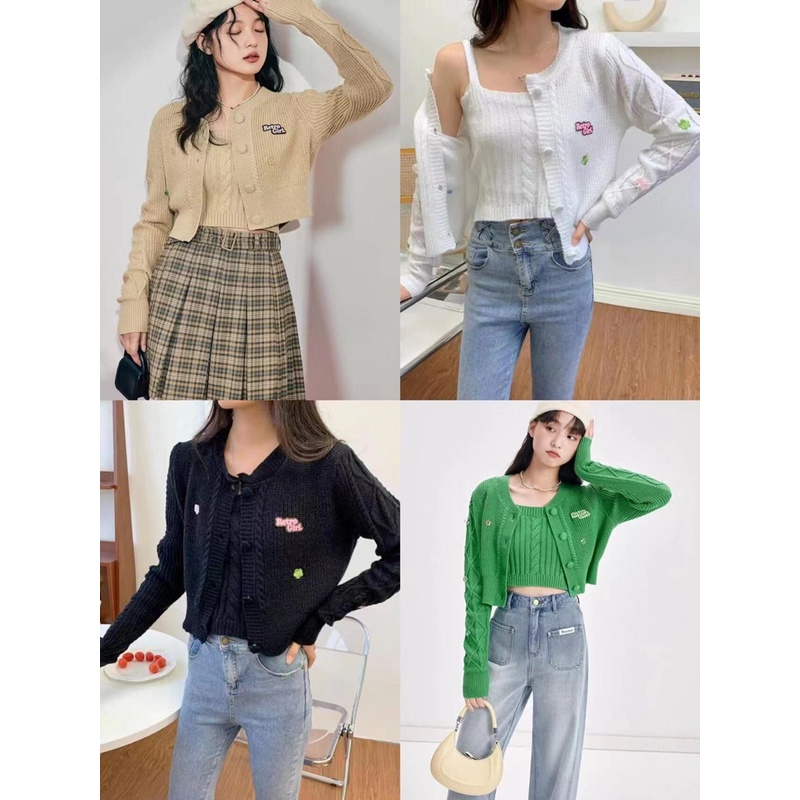 DUNEA Bộ Áo Khoác Cardigan Dệt Kim + Áo Hai Dây Xinh Xắn Theo Phong Cách Hàn Quốc Dành Cho Nữ