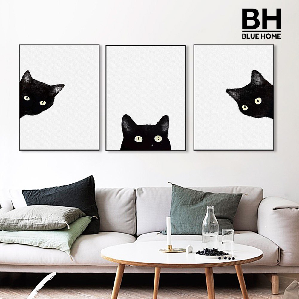 Bộ 3 Bức Tranh Vải Canvas Treo Tường Trang Trí Phòng Ngủ Hình Mèo Xinh Xắn