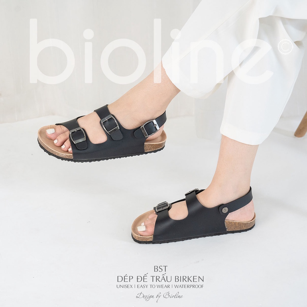 PK02-LÓT CHỐNG NƯỚC-Giày sandal đế trấu Birken nam nữ, quai ngang, da PU cao cấp, dép xăng đan công sở Bioline