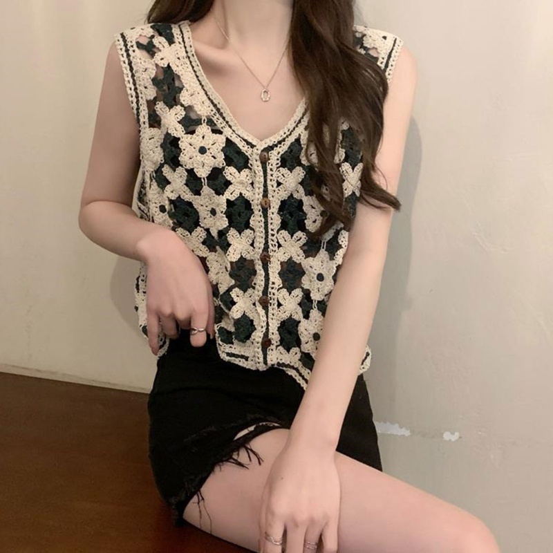 Áo Cardigan Lửng Không Tay Cài Nút Họa Tiết Hoa Cho Nữ