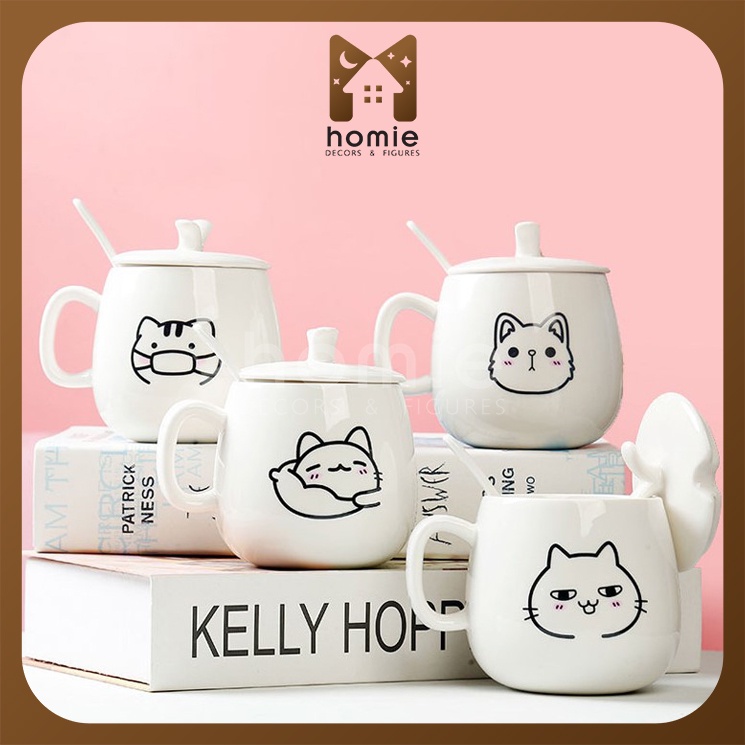 Ly sứ mèo đáng yêu - kèm nắp muỗng